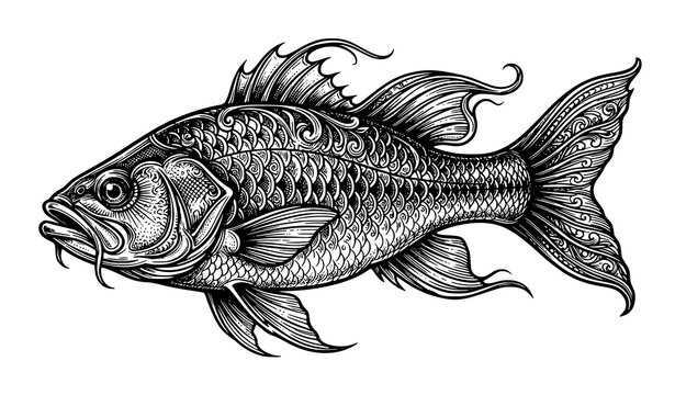 Stylized black and white freshwater fish line art illustration