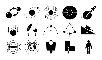 Physics and Gravity Icon Set, 15 Black Vector Symbols of Force and Motion, Scientific Educational Diagrams for Magnetism and Planetary Orbit © Asset Aura
