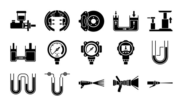 Hydraulic system icons set, 15 black vector symbols of fluid mechanics and automotive brakes, industrial pressure gauges and manometer diagrams