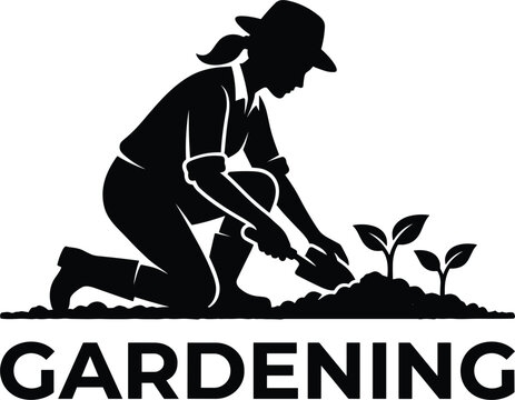Gardening logo template vector silhouette featuring woman gardener planting small green sprouts with a trowel.eps
