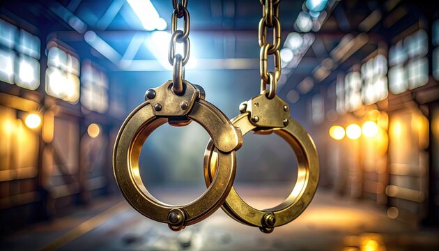 Polished Brass Handcuffs Dangling Together on Chains Against a Blurred Industrial Background
