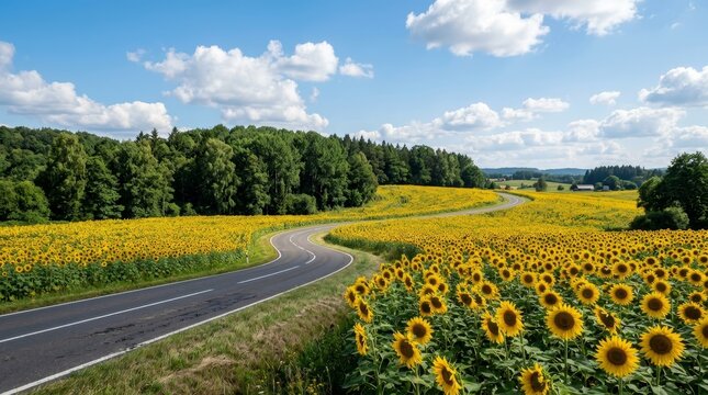 Sunflowers beside a country road landscape.