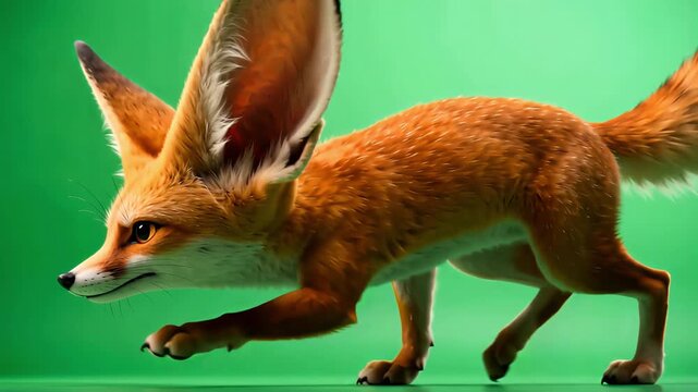 Adorable animated fennec fox tiptoeing left, showcasing huge alert ears with a mischievous expression in a charming 3D cartoon style.