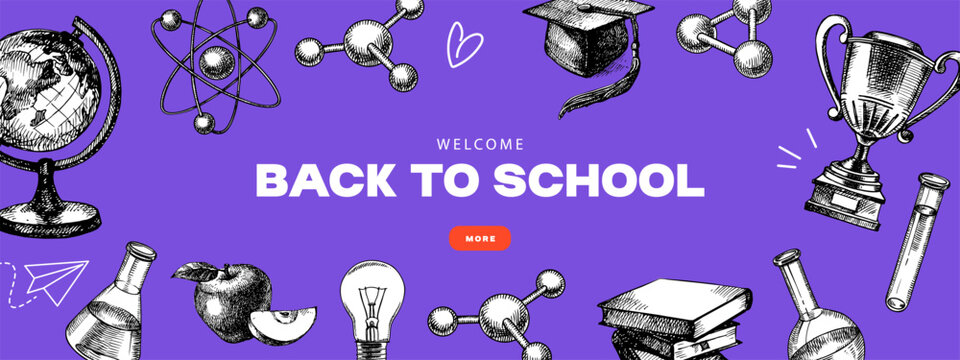  Back to school sketch collage banner. Education poster template with hand drawn accessories. Vintage science frame design. Vector illustration