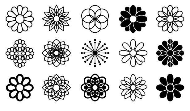 Black Geometric Daisy Flower Icons Vector Set &ndash; Abstract Floral Silhouette Collection