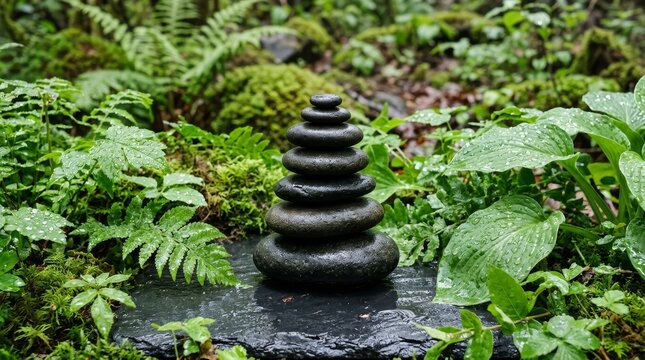 Zen stone tower in green forest.