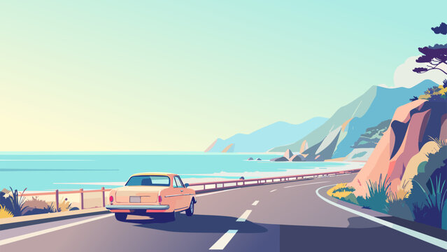 海岸線を走るレトロな車と夏のドライブ_1920x1080px