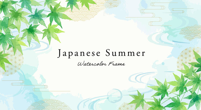青もみじの背景イラスト,水彩風の青楓と流水紋、夏の爽やかフレーム枠、伝統和柄の長方形デザイン背景、高級和モダン広告素材,ベクター,暑中見舞い・夏セールテンプレート背景