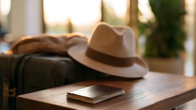 A beige fedora hat rests on a wooden table beside a passport and suitcase  bathed in warm golden light from a window