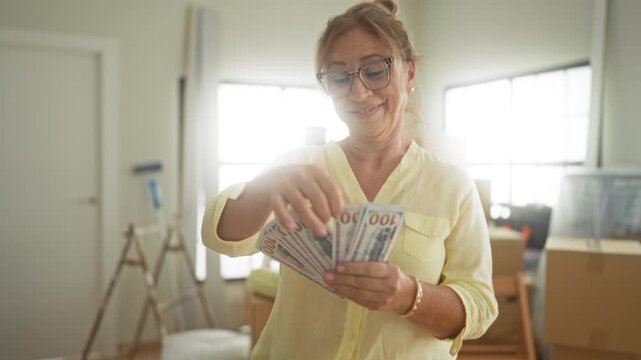 Woman counting stacks of dollars with visible hands and a smile amid moving boxes and a ladder inside a building; savings relief.