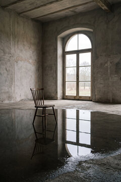 Sedia solitaria in una stanza vuota con pavimento bagnato e luce naturale. Immagine minimalista e atmosferica, ideale per concetti di attesa, introspezione, isolamento e architettura essenziale.