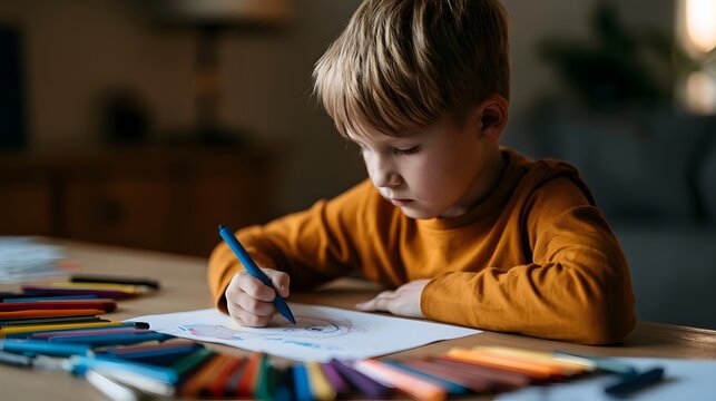 Young child focused on coloring a drawing with crayons at a wooden table under soft indoor lighting