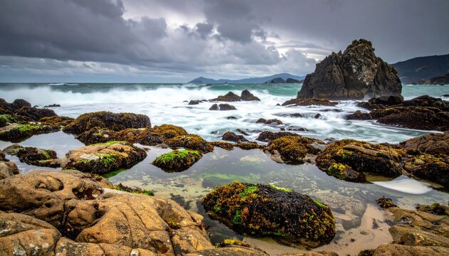 Waves crash against moss-covered rocks on a dramatic, stormy coastline with tidal pools reflecting the sky.