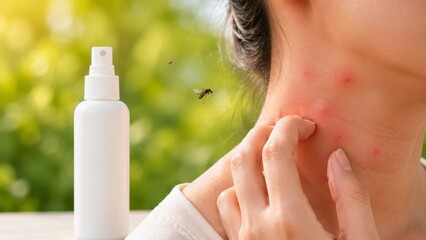 Fototapeta premium Woman scratching mosquito bites on her neck while insect repellent spray and flying mosquitos are visible outdoors in nature