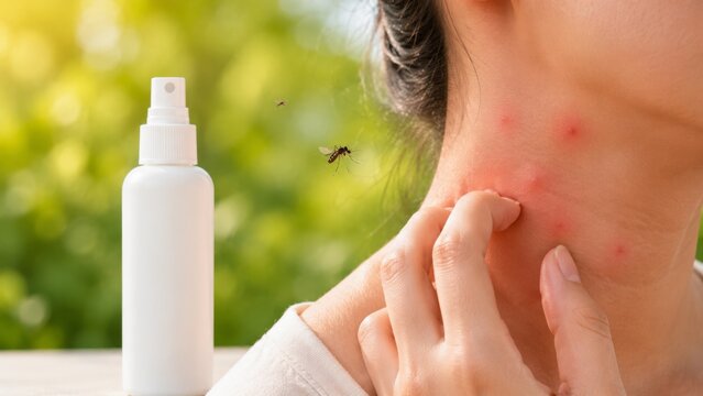 Woman scratching mosquito bites on her neck while insect repellent spray and flying mosquitos are visible outdoors in nature
