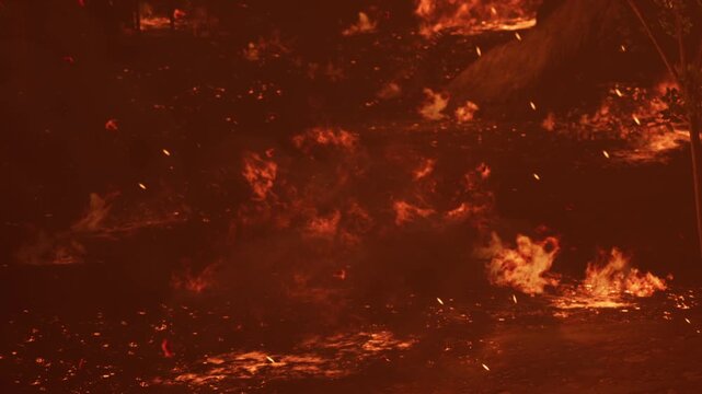 Fire spreads quickly across the ground with smoke and embers. Heat and flames create a dramatic scene in a location affected by a wildfire. The environment shows signs of destruction.