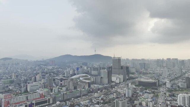Aerial Drone View of Jongno Cityscape near Dongmyo Station and DDP Dongdaemun Design Plaza in Seoul, South Korea