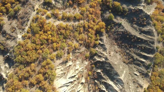 Aerial Sunset view of rock formation Stob pyramids, Rila Mountain, Kyustendil region, Bulgaria