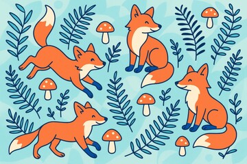Fototapeta premium Cute cartoon foxes playing and sitting among leaves and mushrooms on a light blue background in playful creative style. Ai generative. Ai generative