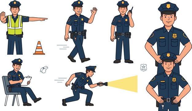 Police Officer Character Set with Friendly Cop Cartoon Characters in Uniform Directing Traffic Patrolling and Writing Violations for Graphic Designs