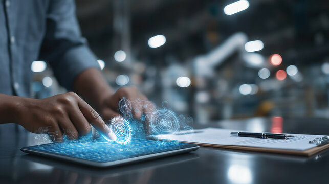 An engineer's hands interact with a glowing tablet displaying digital gears inside a modern automated factory setting.