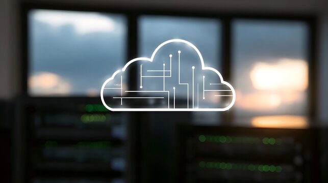 A glowing cloud icon with circuit lines hovers above server racks against a blurred window background