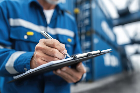 A uniformed worker writes on a clipboard checklist while standing beside stacked blue shipping containers at a port.