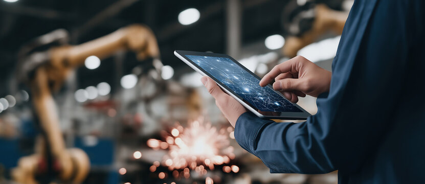  An engineer monitors a tablet displaying network data while robotic machinery generates sparks in the background factory.