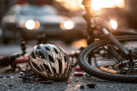 road accident scene with bicycle lying on the asphalt and a helmet in the foreground