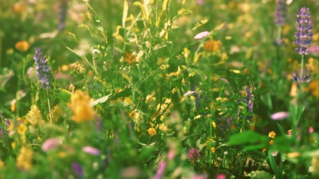 In a field, various flowers grow under bright sunlight. Red poppies, purple blossoms, and yellow petals together form a lively scene. Bees may fly around, adding to the activity in nature.