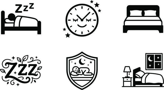 Sleep and bedtime vector glyph icons set featuring sleeping person double bed night clock and bedroom.eps