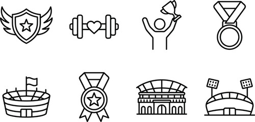 Sports achievement and stadium line icons set with champion trophy medal shield dumbbell and arena buildings.eps © MDACHIB