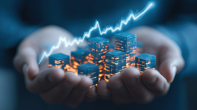 Hands holding miniature illuminated city skyscrapers beneath a rising financial growth chart arrow symbolizing real estate investment.