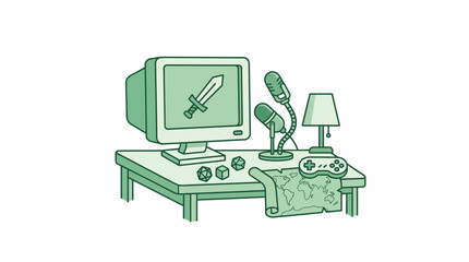 Gaming and podcasting setup with vintage computer, microphone, dice, and gamepad © TELU