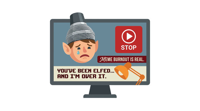 Elf Meme Burnout on Computer Screen, Overwhelmed, Tired, Sad