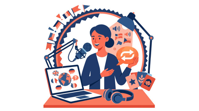 Female Podcaster Speaking Multiple Languages with Microphone and Laptop