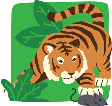 cute little tiger hunting mouse