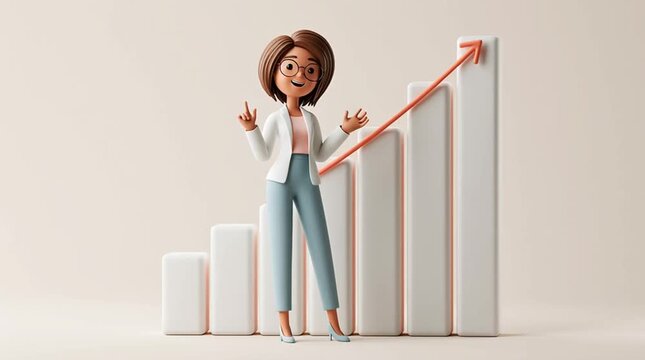 A cartoon businesswoman stands beside a giant upward chart, enthusiastically presenting data with expressive hand gestures in a smooth looping animation with a clean corporate aesthetic.