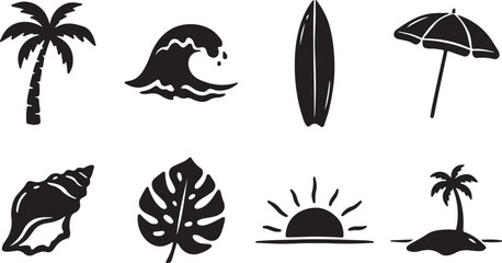 Fototapeta premium Set of hand drawn beach and summer tropical vacation icons and seaside design elements vectors.eps