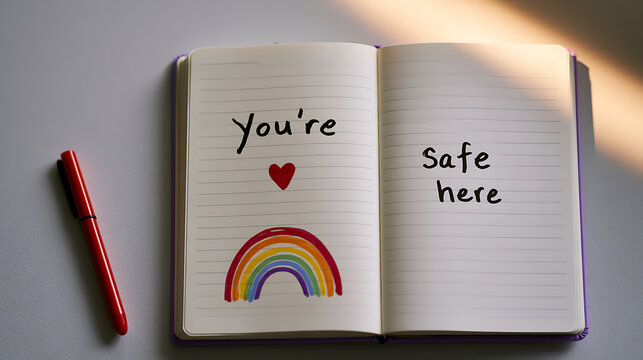 Open Notebook with "You're Safe Here" Message, Red Pen and Rainbow, Concept of Support, Comfort, and Mental Wellbeing