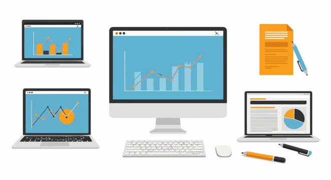 Digital analytics tools with charts graphs document and writing implements