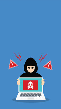Cyber Threat Warning Hacker Holding Infected Laptop With Malware Alert Flat Vector Illustration