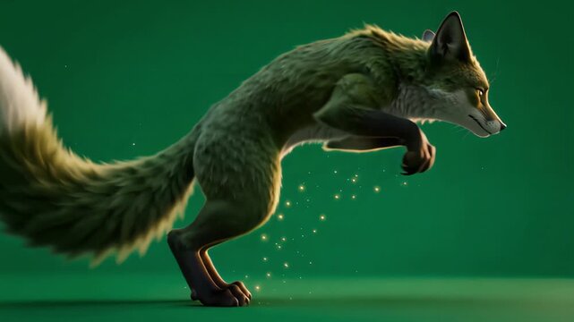 Whimsical forest fox-sprite crouches low, channeling potent energy for a majestic and powerful leap on green