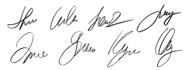 Fototapeta premium Set of black hand drawn pencil signatures, isolated on transparent cutout background
