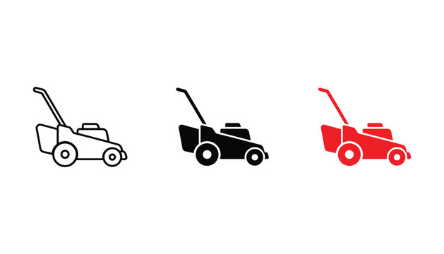 Set of three lawn mower icons featuring a garden machine in outline solid black and red color variations for landscaping services and lawn care maintenance and gardening industry web graphics
