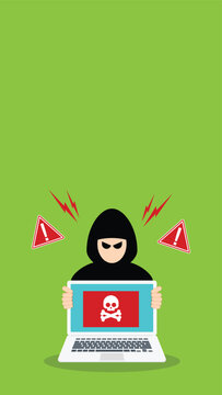Cyber Threat Warning Hacker Holding Infected Laptop With Malware Alert Flat Vector Illustration