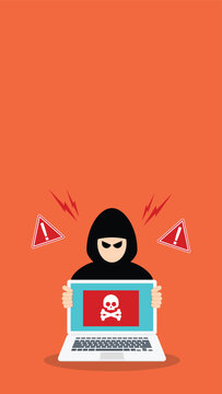 Cyber Threat Warning Hacker Holding Infected Laptop With Malware Alert Flat Vector Illustration