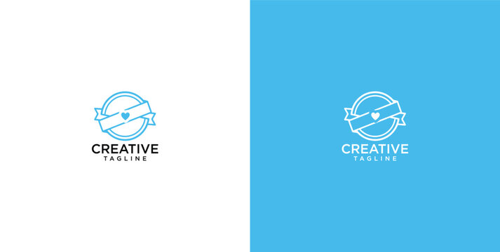 Minimalist circular logo design featuring a blue ribbon banner and a heart symbol for creative branding and corporate identity