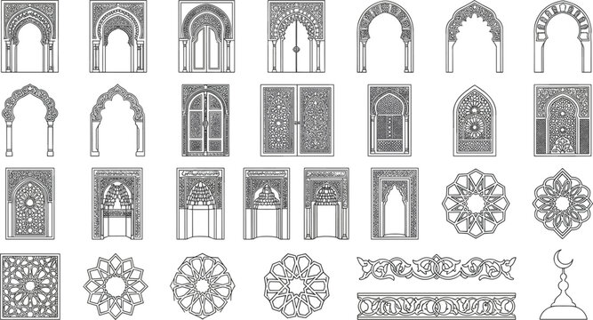 Islamic arabic architectural outline vector icon set featuring isolated traditional mosque arches windows doors and ornate oriental geometric pattern elements