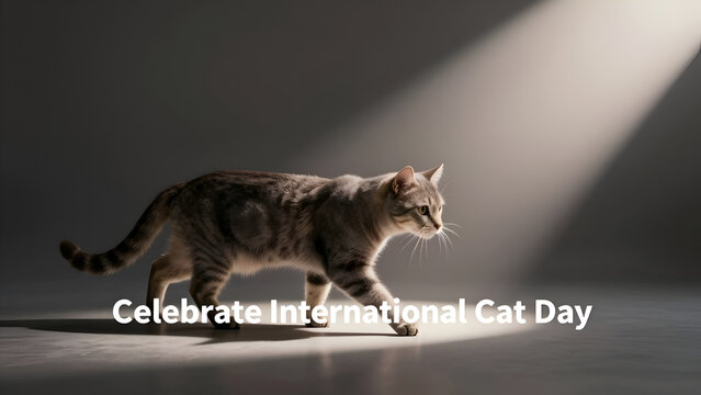 Cute grey striped cat stepping forward into a bright spotlight ray of light